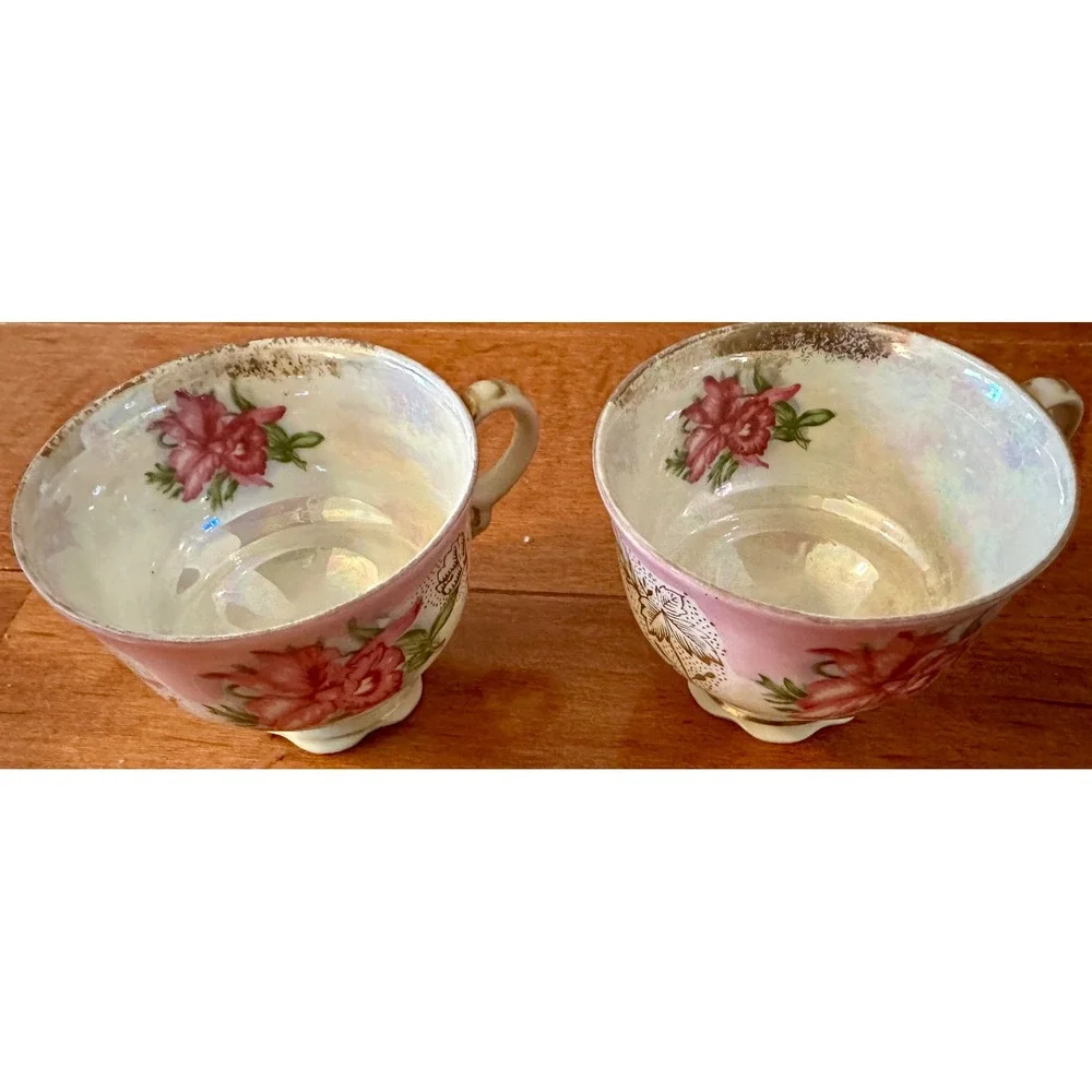 Vintage Set of 2 Japanese Teacups Pink Floral Iridescent Gold Trim‎